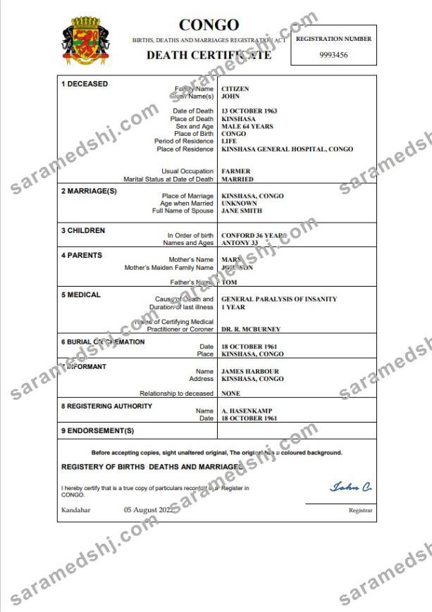 Congo death certificate Word and PDF template